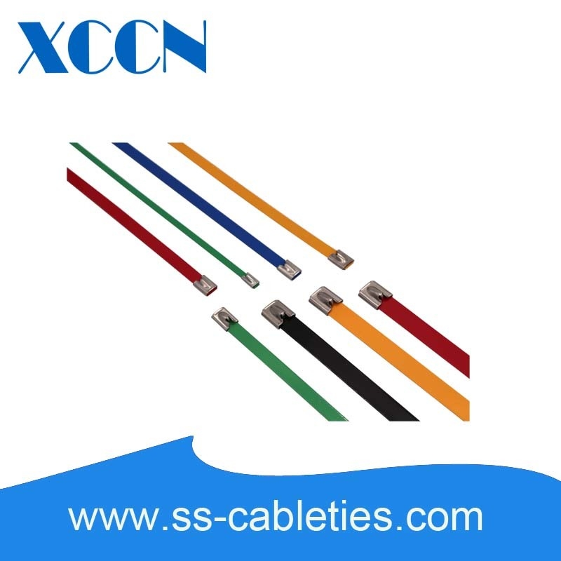 7.9*0.25*650mm 201,304,316 grade colorized epoxy polyester ball-lock plastic coated  stainless steel cable ties