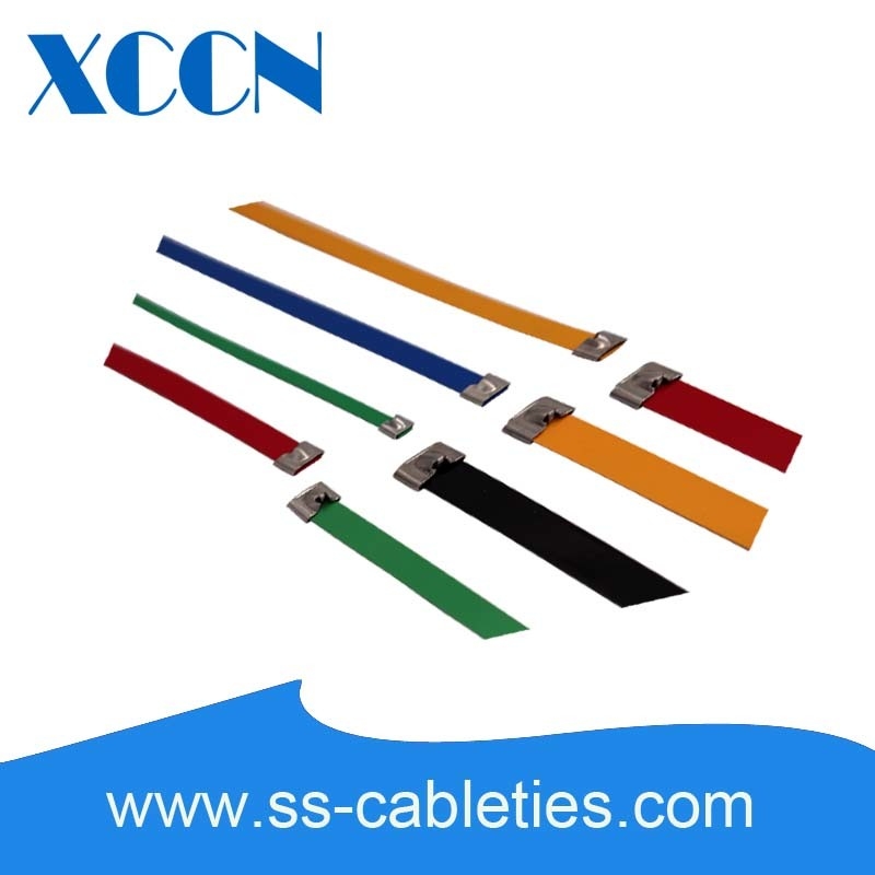 7.9*0.25*450mm 201,304,316 grade colorized epoxy polyester ball-lock plastic coated stainless steel cable ties